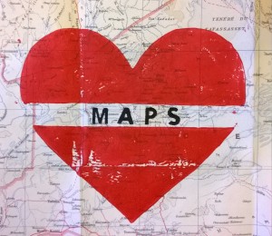 Lino print 'I Love Maps'