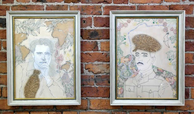 Rupert Brooke and Wilfred Owen portraits, exhibited at the Biscuit Factory.