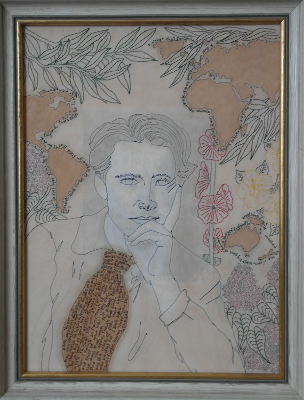 Embroidered portrait of Rupert Brooke.